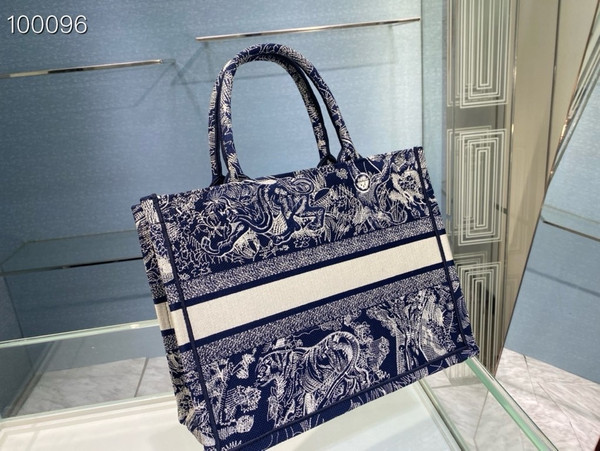 Christian Dior Dior Book Tote Bag 36cm Toile de Jouy Reverse Embroidery, Ecru and Blue