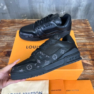Louis Vuitton Trainer Sneakers Monogram Graphite Calfskin Leather, Black