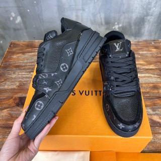 Louis Vuitton Trainer Sneakers Monogram Graphite Calfskin Leather, Black
