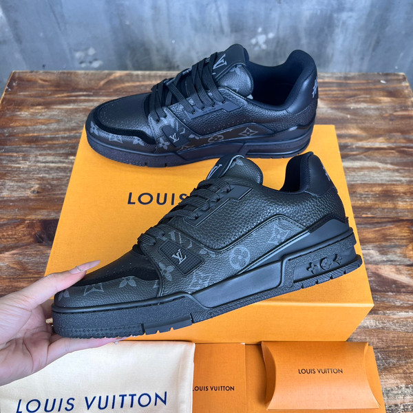 Louis Vuitton Trainer Sneakers Monogram Graphite Grained Calfskin Leather, Black