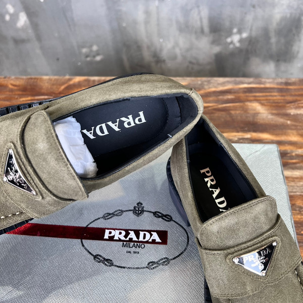 Prada Suede Loafers Calfskin Leather, Olive Green