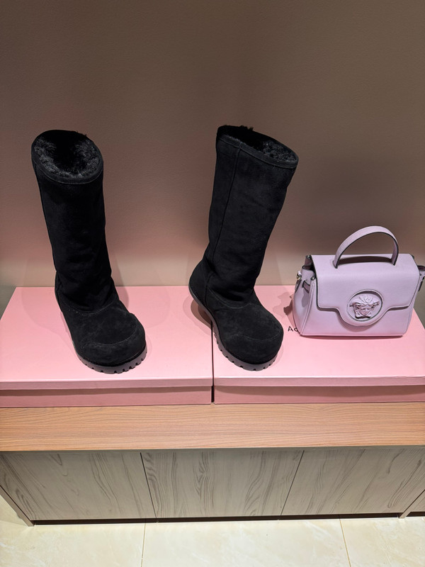 Balenciaga Alaska Split Calfskin Faux-Fur Knee High Heel Boots, Black