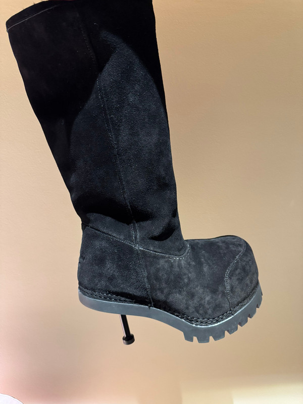 Balenciaga Alaska Split Calfskin Faux-Fur Knee High Heel Boots, Black