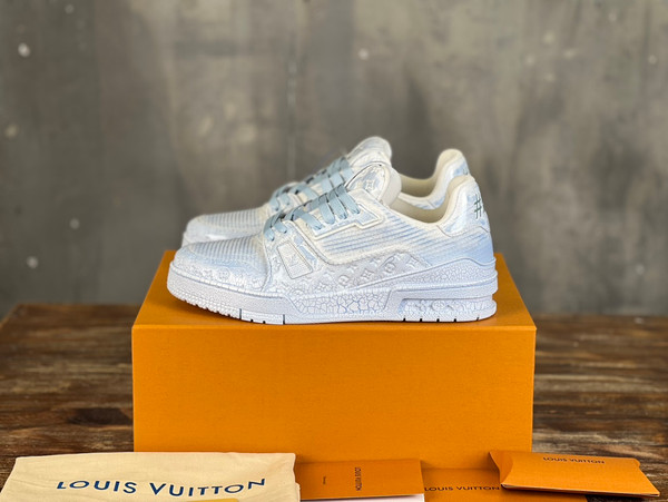 Louis Vuitton Trainer Sneakers Calfskin Leather, White/Light Blue