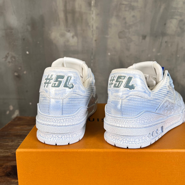 Louis Vuitton Trainer Sneakers Calfskin Leather, White/Light Blue