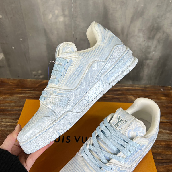 Louis Vuitton Trainer Sneakers Calfskin Leather, White/Light Blue