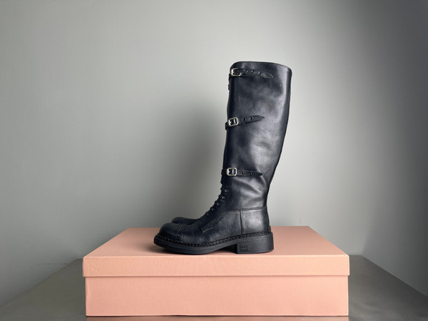 Miu Miu Knee High Women's Boots Calfskin Leather, Black