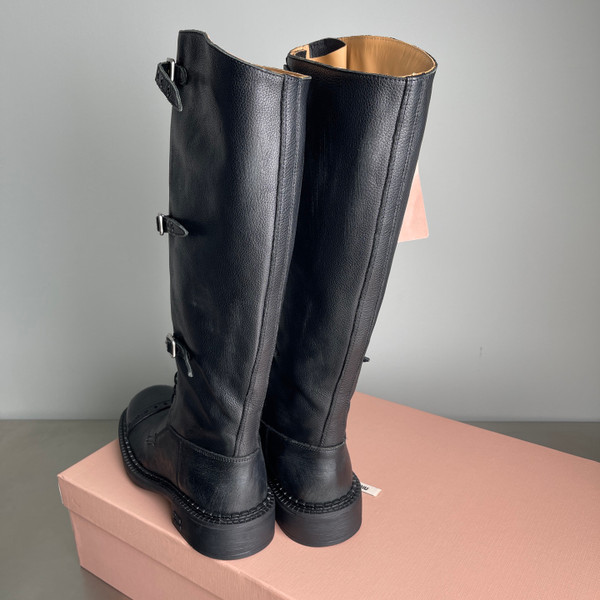 Miu Miu Knee High Women's Boots Calfskin Leather, Black