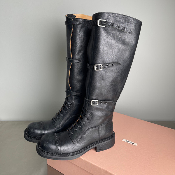 Miu Miu Knee High Women's Boots Calfskin Leather, Black