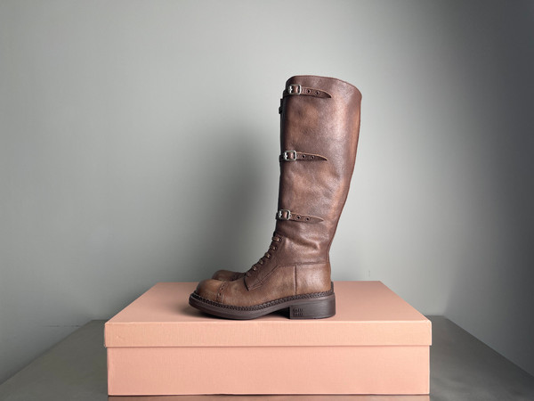 Miu Miu Knee High Women's Boots Calfskin Leather, Brown