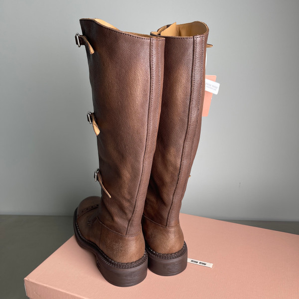 Miu Miu Knee High Women's Boots Calfskin Leather, Brown