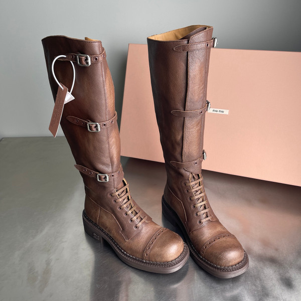 Miu Miu Knee High Women's Boots Calfskin Leather, Brown