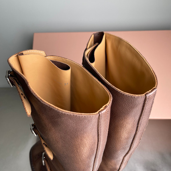 Miu Miu Knee High Women's Boots Calfskin Leather, Brown