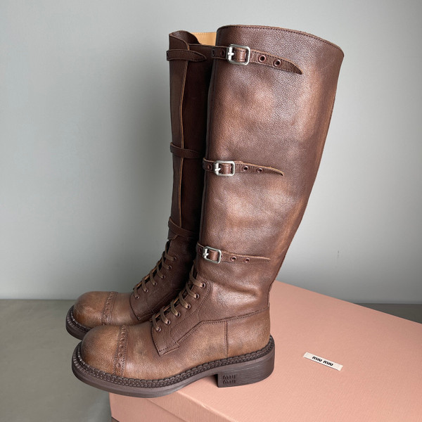 Miu Miu Knee High Women's Boots Calfskin Leather, Brown