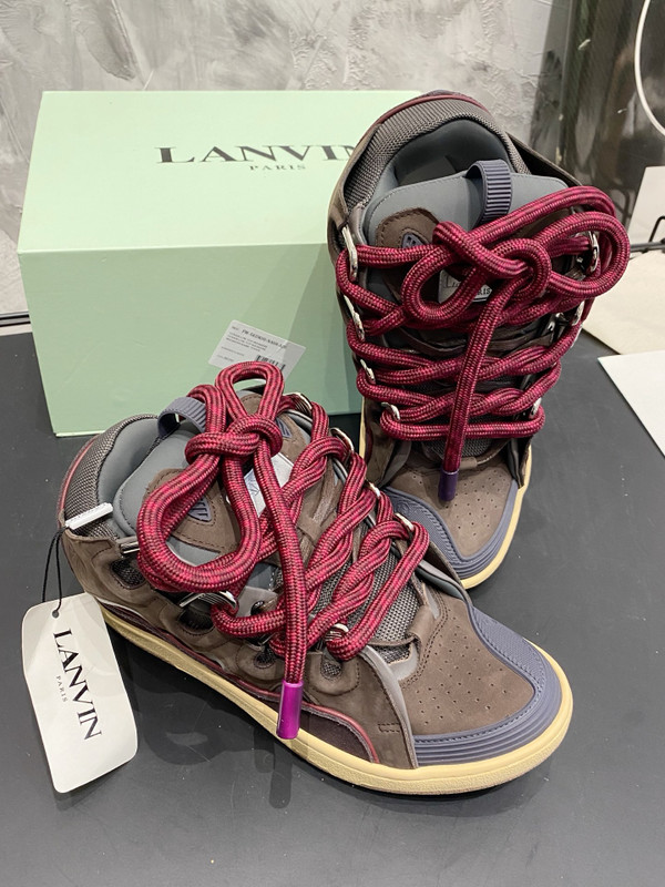 Lanvin Curb Sneakers Napa Leather Sneakers, Gray/Burgundy