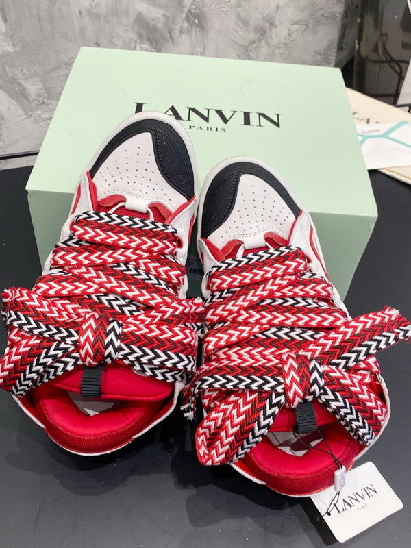 Lanvin Curb Sneakers Velour/Napa Leather Sneakers, Black/White/Red