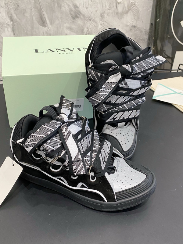 Lanvin Curb Sneakers Suede/Napa Leather Sneakers, Black/Light Grey