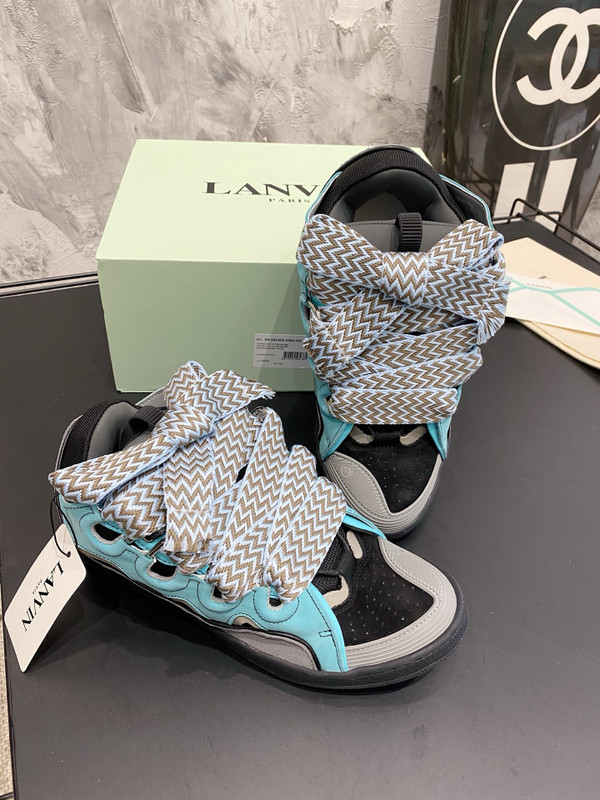 Lanvin Curb Sneakers Suede/Napa Leather Sneakers, Black/Turquoise/Light Grey