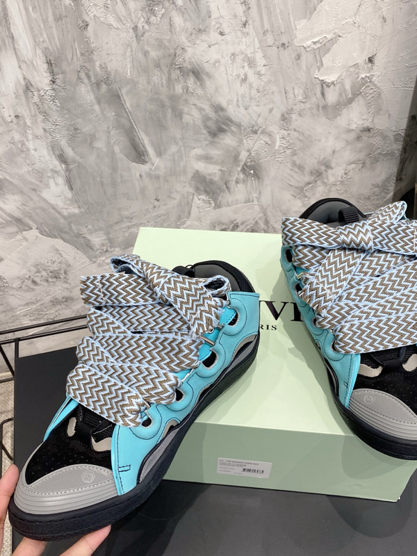Lanvin Curb Sneakers Suede/Napa Leather Sneakers, Black/Turquoise/Light Grey