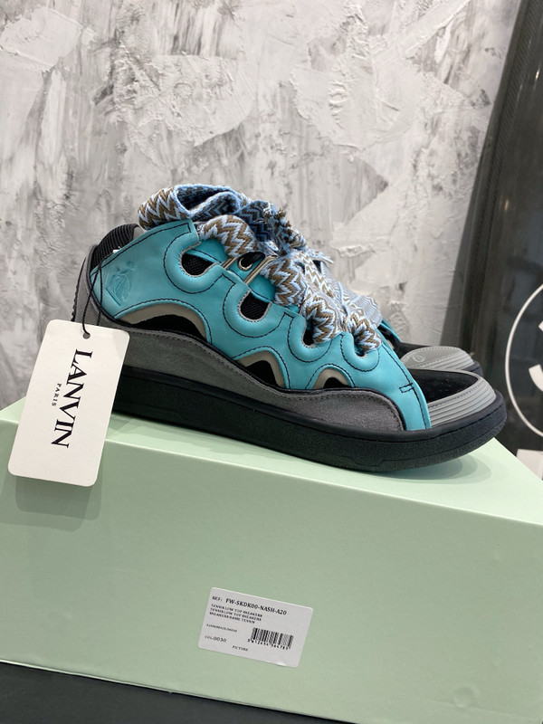 Lanvin Curb Sneakers Suede/Napa Leather Sneakers, Black/Turquoise/Light Grey