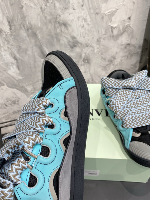 Lanvin Curb Sneakers Suede/Napa Leather Sneakers, Black/Turquoise/Light Grey