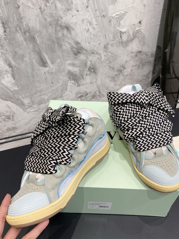 Lanvin Curb Sneakers Suede/Napa Leather Sneakers,  Light Blue/Light Grey