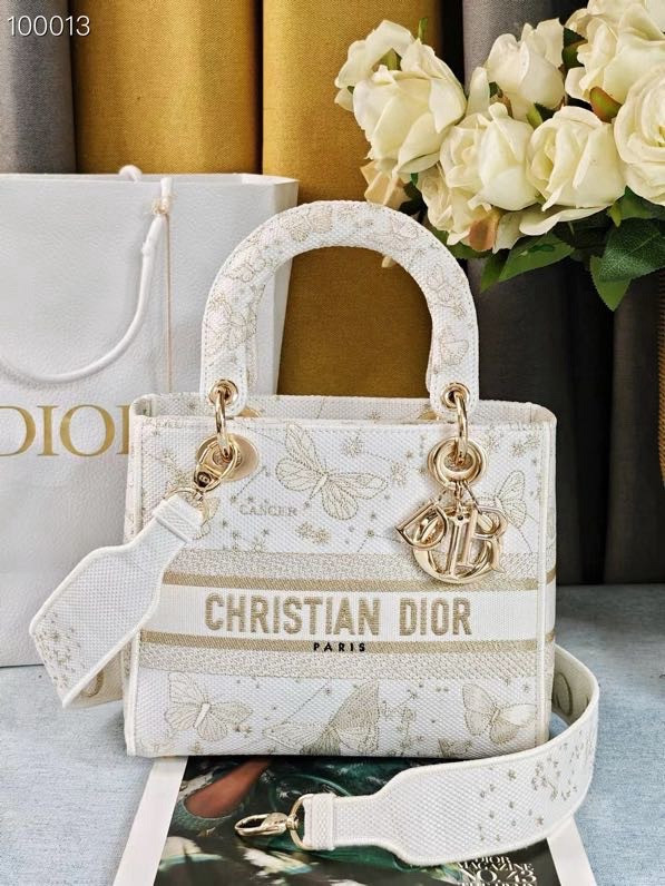 Christian Dior Lady D-Lite Medium Bag 24cm Butterfly Zodiac Motif Pietro Ruffo Embroidery, White and Gold-Tone