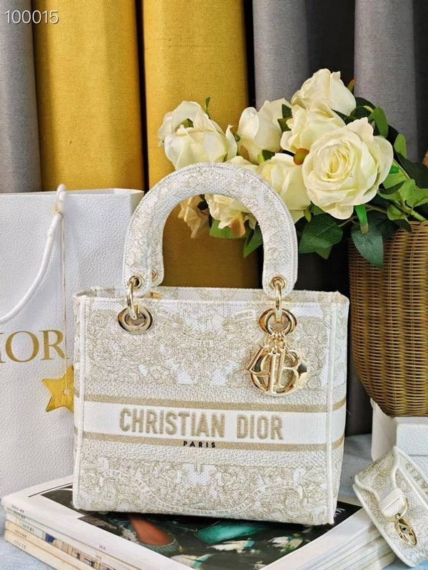 Christian Dior Lady D-Lite Medium Bag 24cm Butterfly Around The World Motif Pietro Ruffo Embroidery, White and Gold-Tone