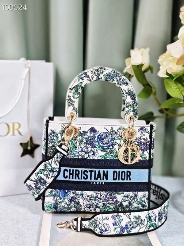 Christian Dior Lady D-Lite Medium Bag 24cm Flowers Constellation Embroidery, White Multicolor