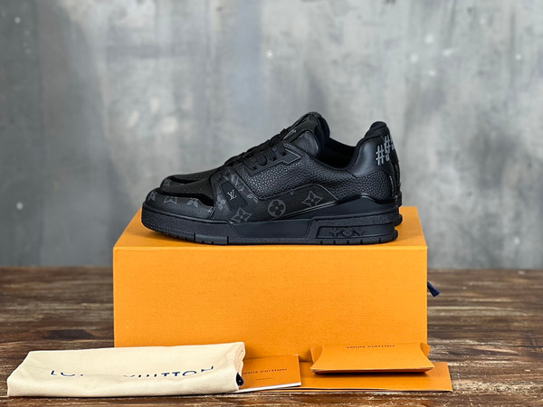 Louis Vuitton Trainer Sneakers Monogram Graphite Grained Calfskin Leather, Black