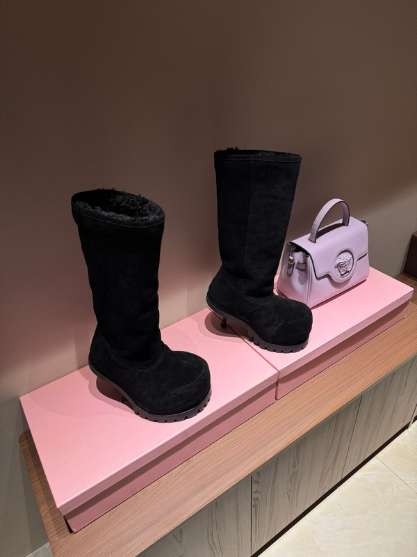 Balenciaga Alaska Split Calfskin Faux-Fur Knee High Heel Boots, Black