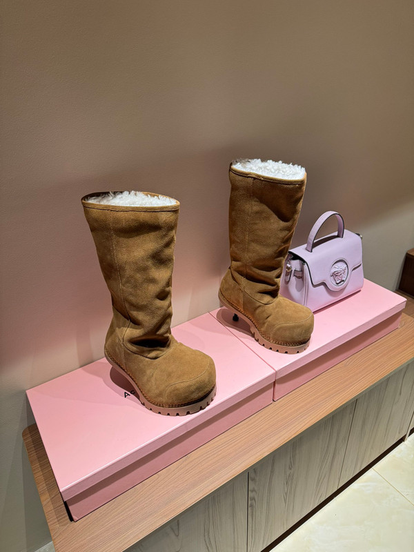 Balenciaga Alaska Split Calfskin Faux-Fur Knee High Heel Boots, Brown