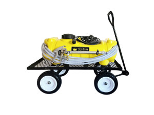 Side view of Gro-King 15 gallon Garden Sprayer on a steel cart with white wheels, 50 ft. of hose & 22" Long Spray Gun Side view of Gro-King 15 gallon Garden Sprayer on a steel cart with white wheels, 50 ft. of hose & 22" Long Spray Gun