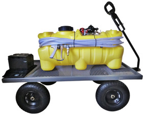 Gro-King 25 gallon 12v deep cycle battery-operated sprayer model on steel cart with 10" wheels, 50' of hose & 22" long spray gun Gro-King 25 gallon 12v deep cycle battery-operated sprayer model on steel cart with 10" wheels, 50' of hose & 22" long spray gun