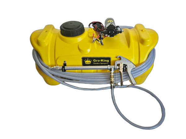 front view of 25 gallon unit pictured with 12V battery and long gun