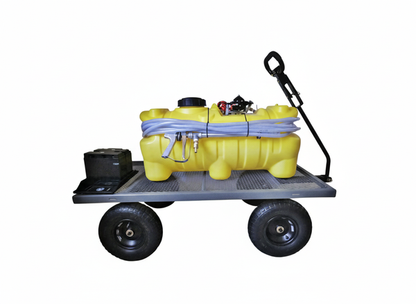 Gro-King 15 gallon sprayer unit with 12v battery mounted on steel cart with 10" wheels, 50' of hose & 22" long spray gun