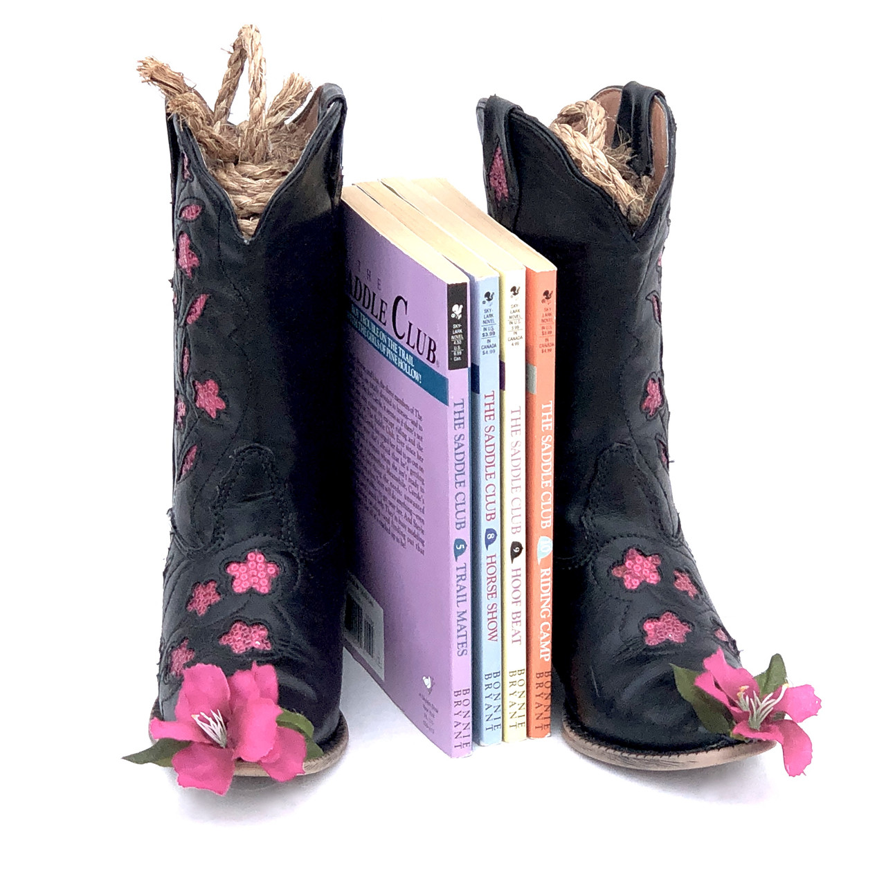 Black girls cowboy boot book ends with pink glitter and flower