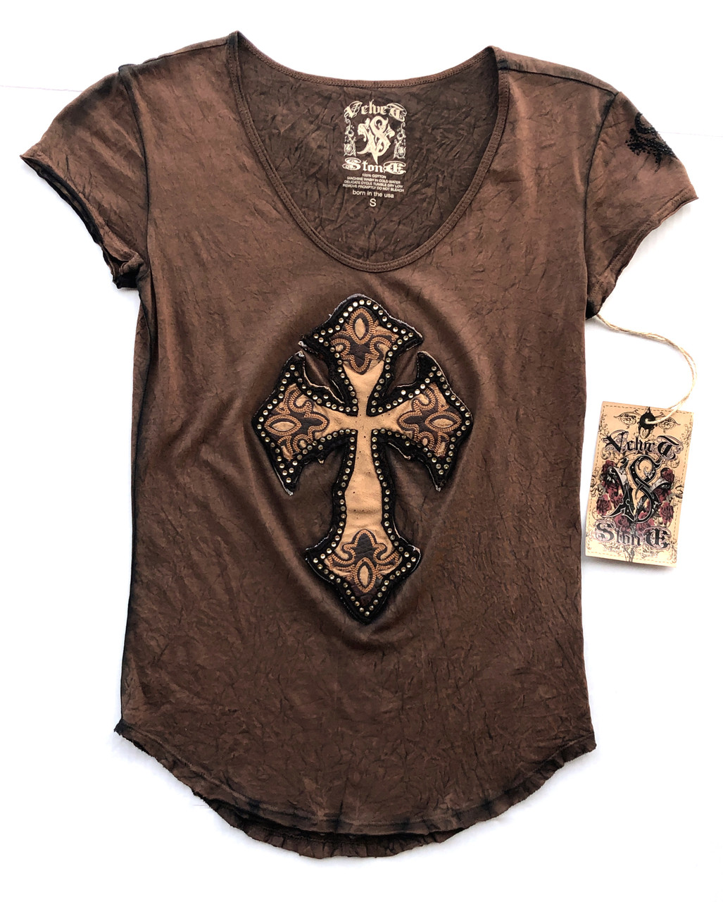 Velvet Stone Brown Suede Gem Cross T-Shirt