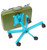 Green suitcase cat bed with turquoise rolling stand