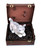 Brown and black leather wine carrier box pet bed