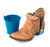 Tan leather ankle boot with flower cutouts turquoise metal bucket