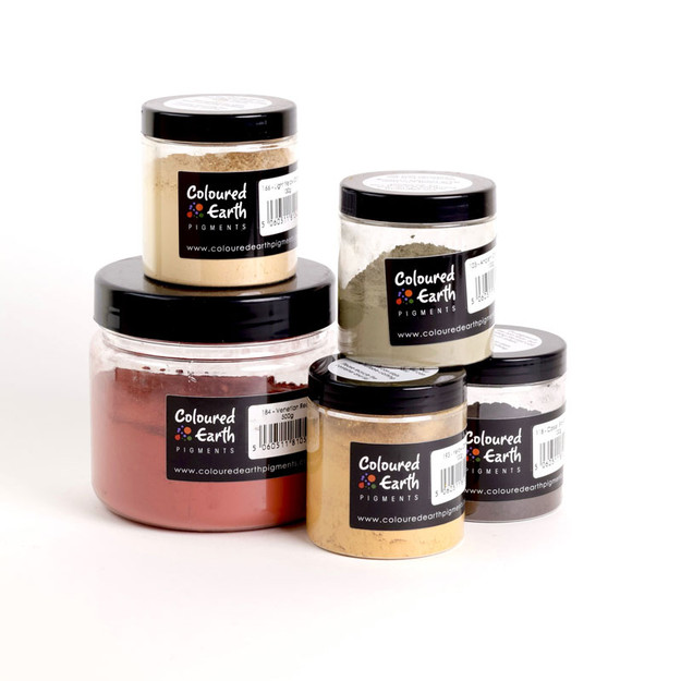 Natural Coloured Earth Pigments available in 100g pots (shown) 500g (shown) and 8kg. Many colours available.