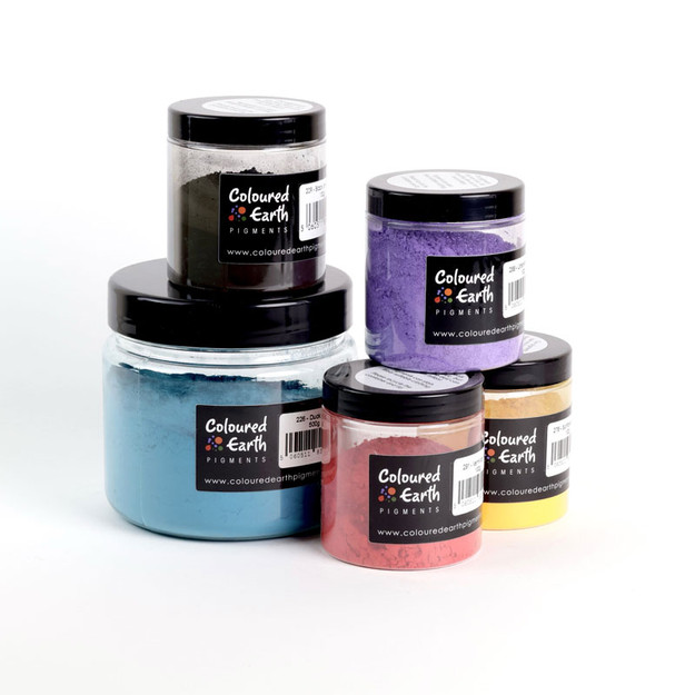 Coloured Earth Pigments available in 100g pots (shown) 500g (shown) and 5kg. Many pigment colours available.