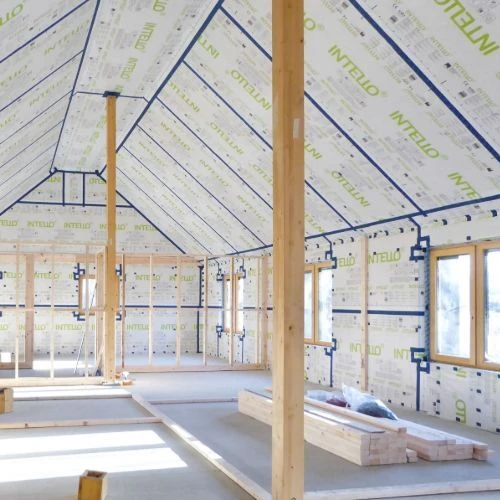 Airtightness membrane and tapes installed in a new build house. 