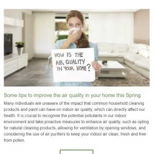 Lady in a house with a mask over her mounth and nose holding a sign saying "How is the air quality in your home?"