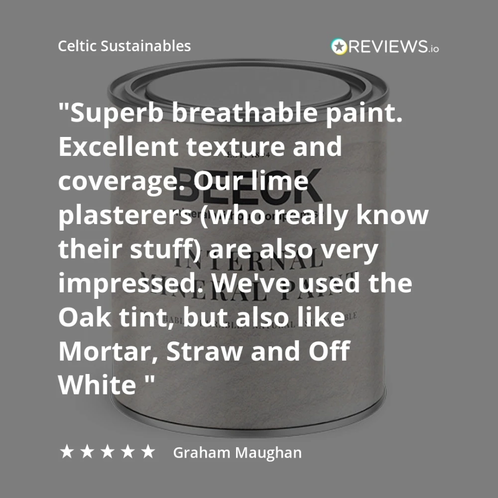 Beeck Internal Maxil Pro paint tin in background with customer review text on top.