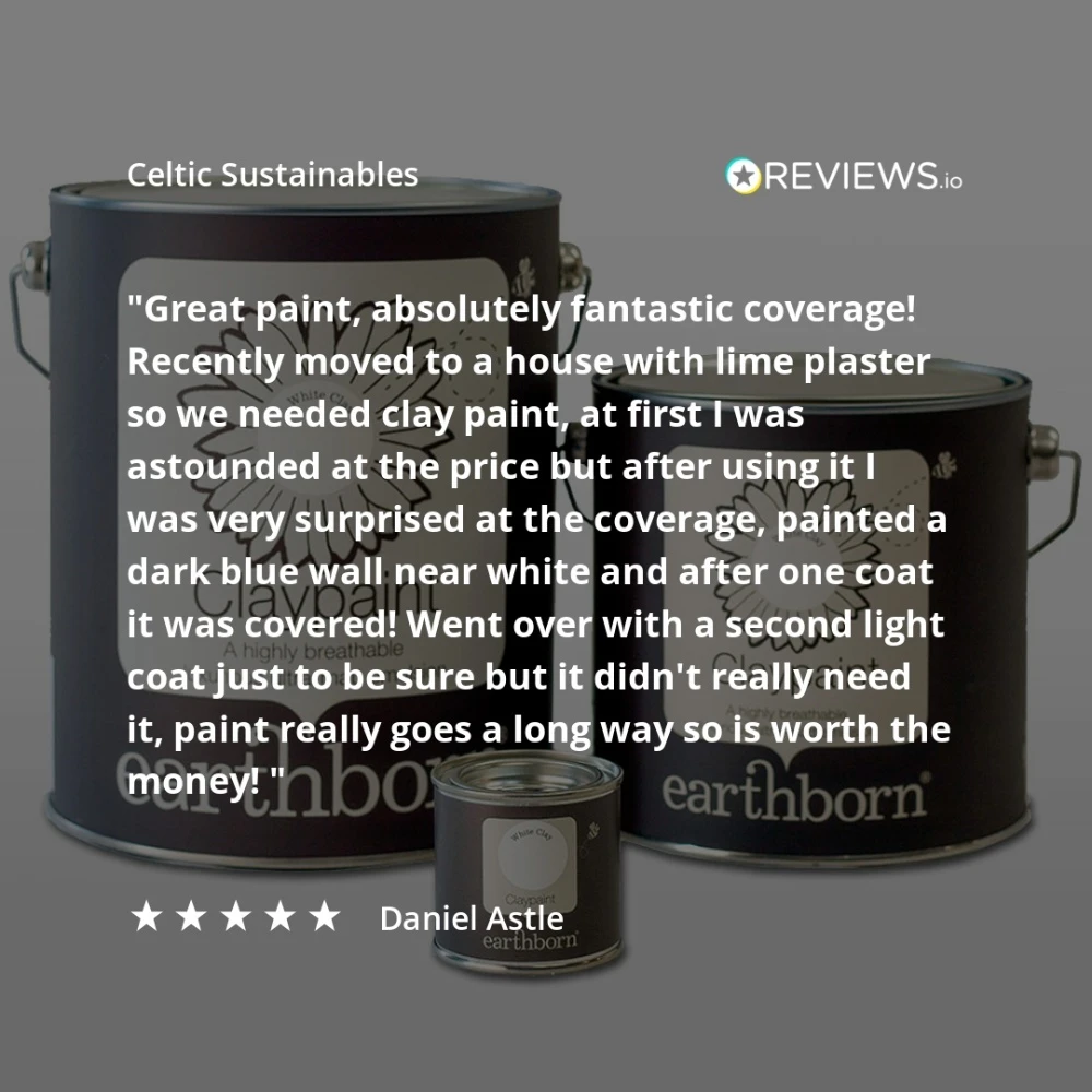 Earthborn Claypaint Pin in background with customer review text on top.