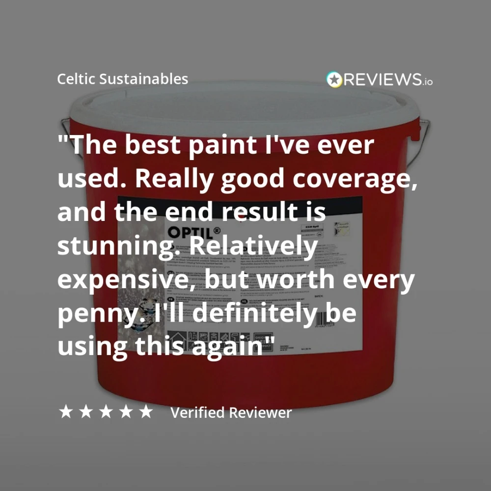 Keim Optil paint tub in background with customer review text on top.