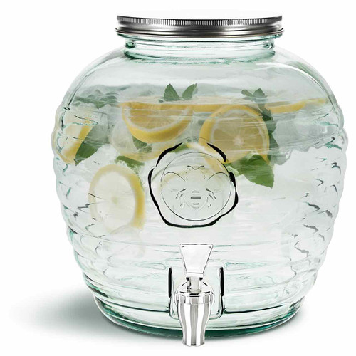 2 Gallon Bee Quenched Glass Beverage Dispenser - 100% Recycled Glass with Lemon