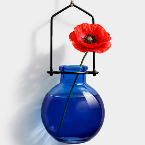 Hanging Propagation Vase, Small Ball, Cobalt Blue with Poppy